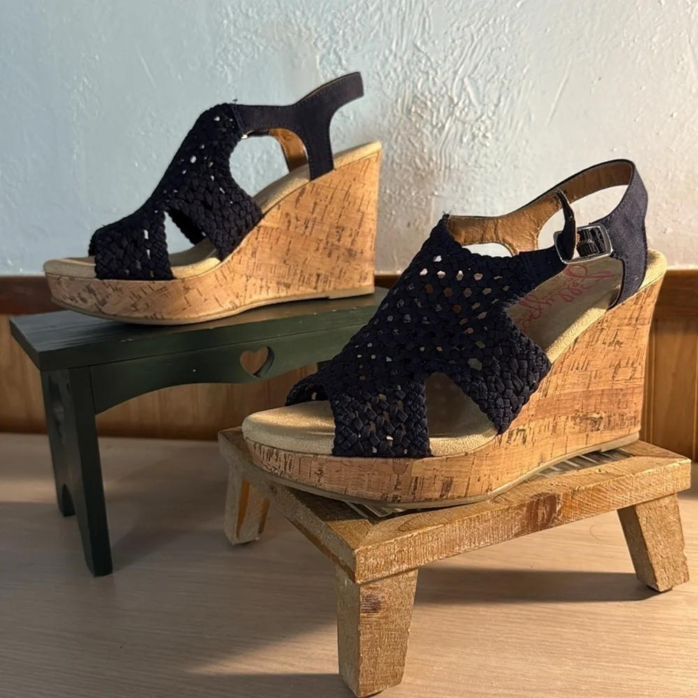 JellyPop Navy Macrame Cork Platform Wedges